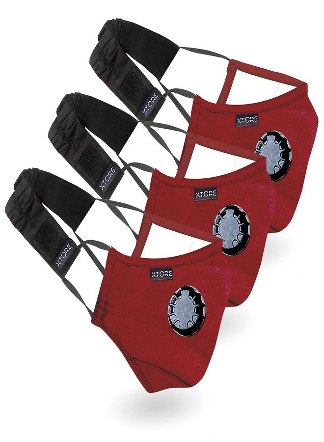 Xtore Unisex Cotton N-95 FDA CE Certified Anti Pollution 3 Filter Reusable Washable with Valve with Headband (Red) - Pack of 3 - Image 1